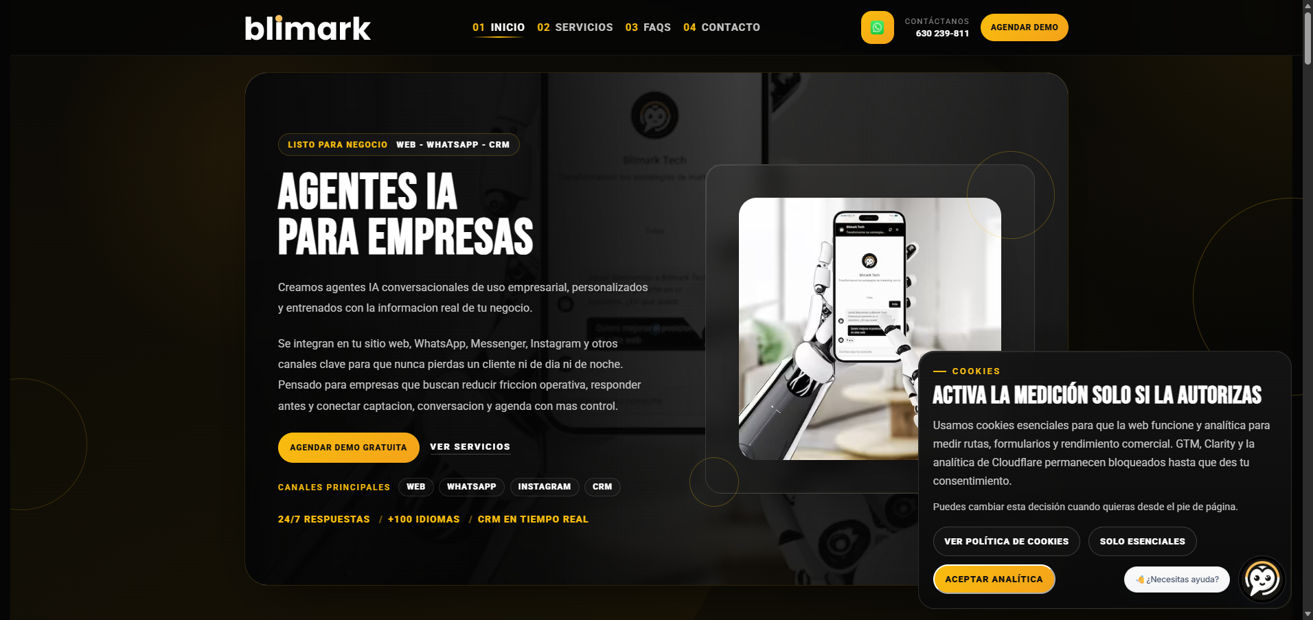 Home de blimark.tech con widget flotante activo